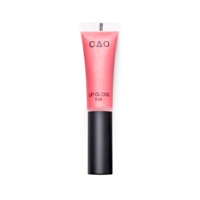Clear squeeze out lipgloss tube with black matte top filled with lipgloss product in the shade "Candy Pink"
