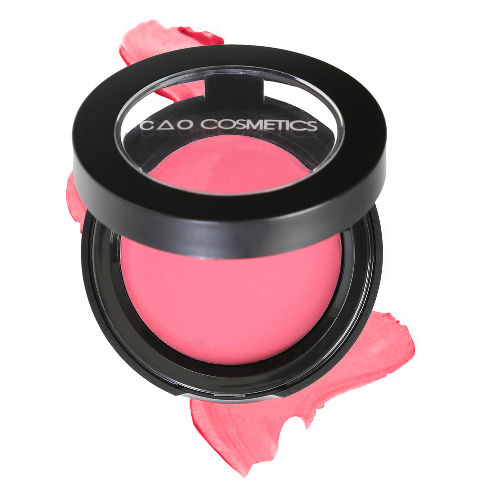 Round Matte Black Component, clear round top window, filled with round creamy dual lip and cheek product shade in "Allure" on top of creamy swatch.