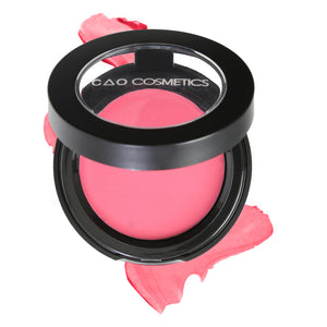 Round Matte Black Component, clear round top window, filled with round creamy dual lip and cheek product shade in "Allure" on top of creamy swatch.