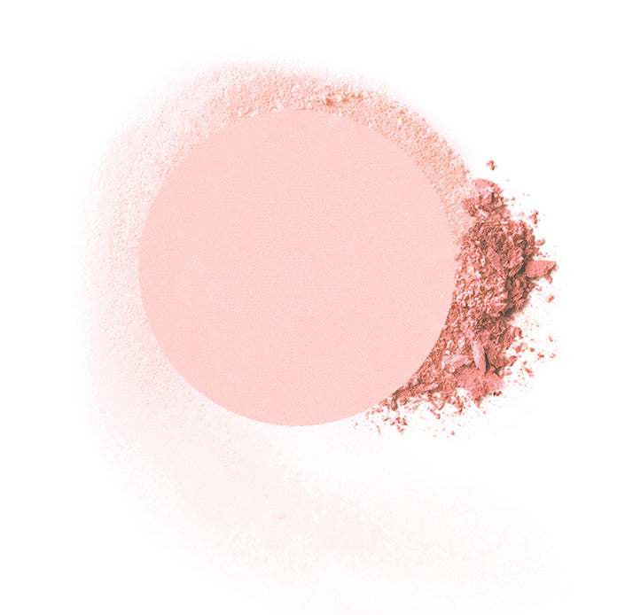 Round compressed  powder blush refill shade in "American Beauty" on top of loose powder swatch.