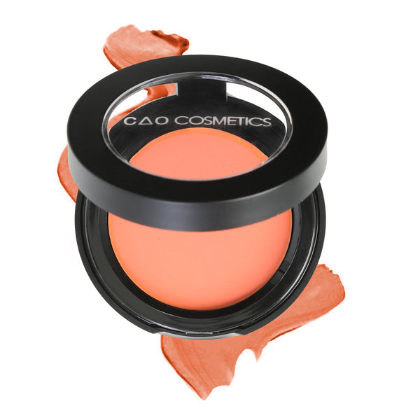 Round Matte Black Component, clear round top window, filled with round creamy dual lip and cheek product shade in "Darling" on top of creamy swatch.