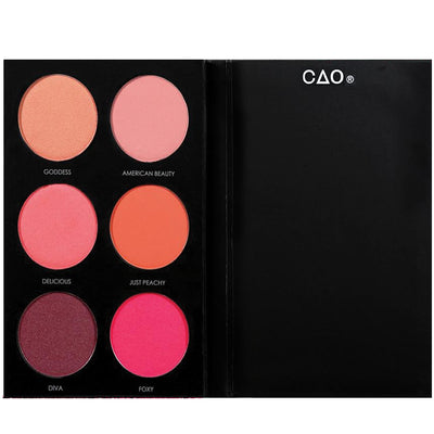 Black Matte rectangular cardboard palette with 6 circular openings for blush refill powder product in shades Goddess, American Beauty, Delicious, Just Peachy, Diva, and Foxy.