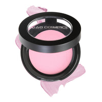 Round Matte Black Component, clear round top window, filled with round creamy dual lip and cheek product shade in "Flirt" on top of creamy swatch.