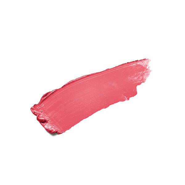 Black matte lipstick open tube, top of pastel pink lipstick color in shade "blush" on top on white background. 