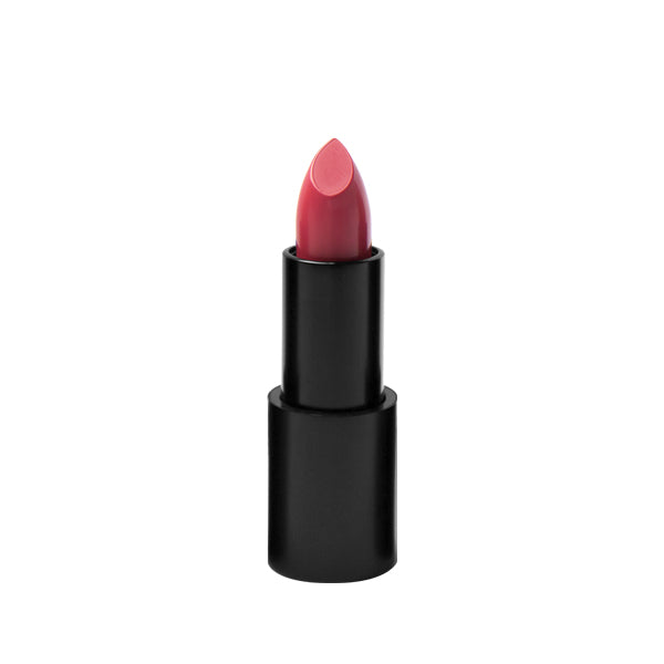 Black matte lipstick open tube, top of pastel pink lipstick color in shade "blush" on top on white background. 