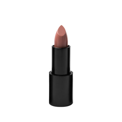 Black matte lipstick open tube, top of light nude lipstick color in shade "lani" on top on white background. 