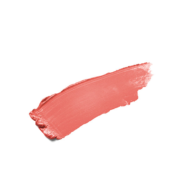 Black matte lipstick open tube, top of nude peachy lipstick color on top on white background. 