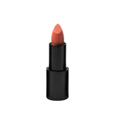 Black matte lipstick open tube, top of nude peachy lipstick color on top on white background. 