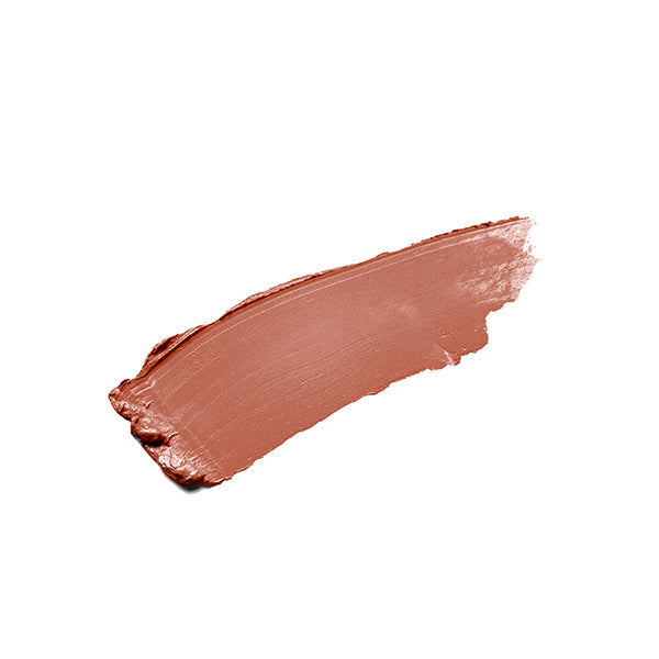 Black matte lipstick open tube, top of light brown lipstick in shade "sienna" color on top on white background. 