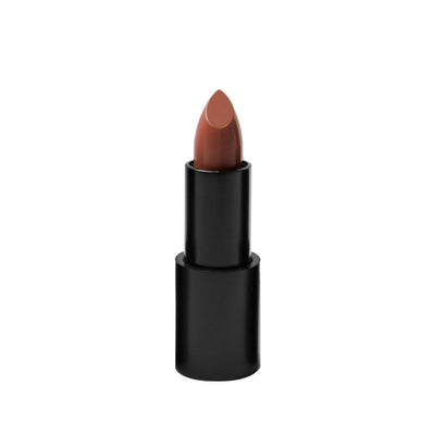 Black matte lipstick open tube, top of light brown lipstick in shade "sienna" color on top on white background. 