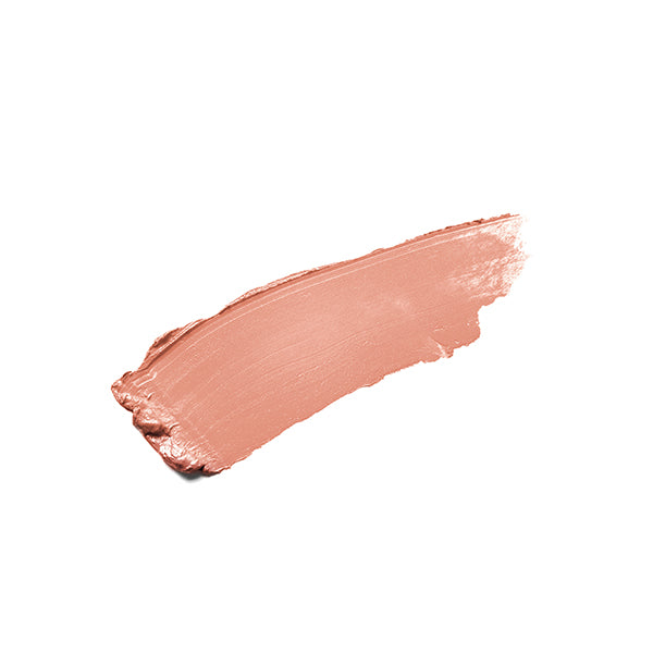 Black matte lipstick open tube, top of light nude lipstick in shade "sultry" color on top on white background. 