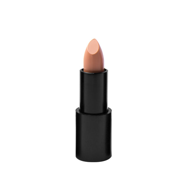 Black matte lipstick open tube, top of light nude lipstick in shade "sultry" color on top on white background. 